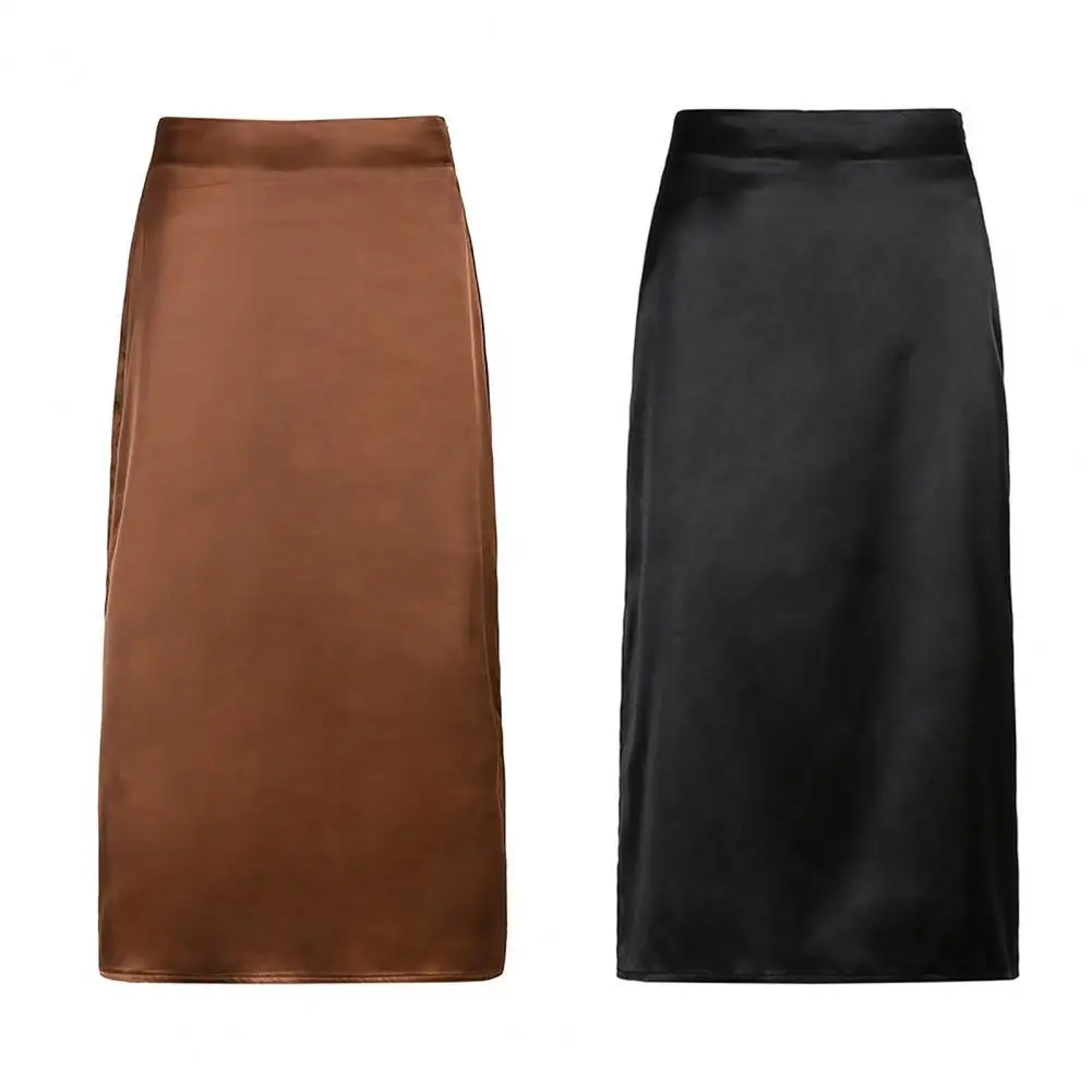 

Women Skirt Solid Color Slit Hem Polyester High Waist Loose Long Skirt for Office