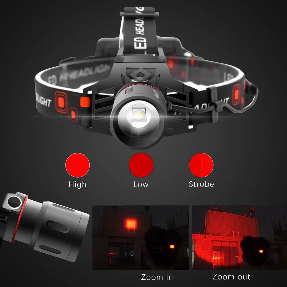 LED Headlamp 3-Mode Zoomable Headlight 18650 Head Torch Fishing Light White Red Blue Green 395nm UV Hunting Flashlight