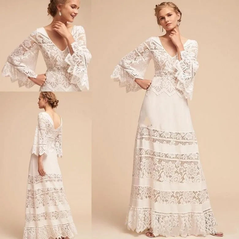 Bohemian Fairy Wedding Dresses with Flare Long Sleeve 2021 v-neck Lace Country Garden Bride Reception Dress robe de mariée