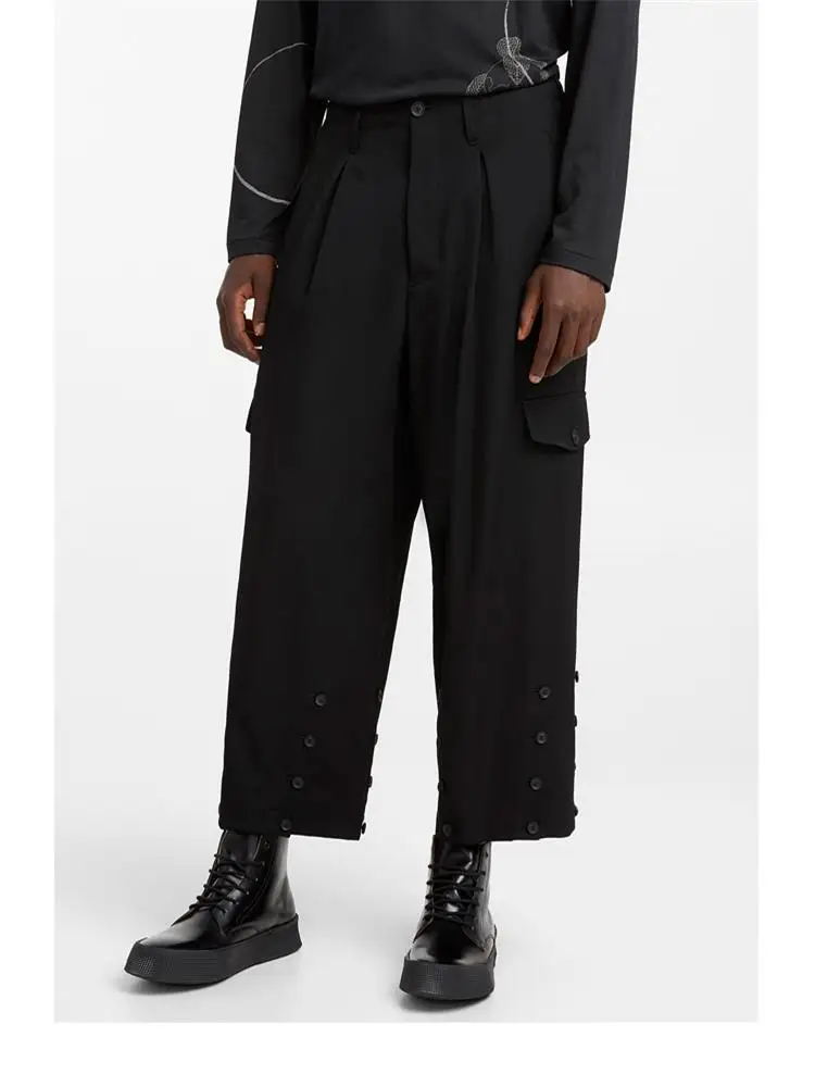 

Hip-Hop Fashion Trend Loose Casual Elastic Waist Pure Black Ankle Belt Pants Large Men's Style