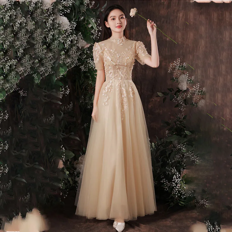 

Champagne High Neck Evening Dress Empire Short Sleeves Floor-Length Appliques Luxurious A-Line Woman Formal Party Gowns A1990