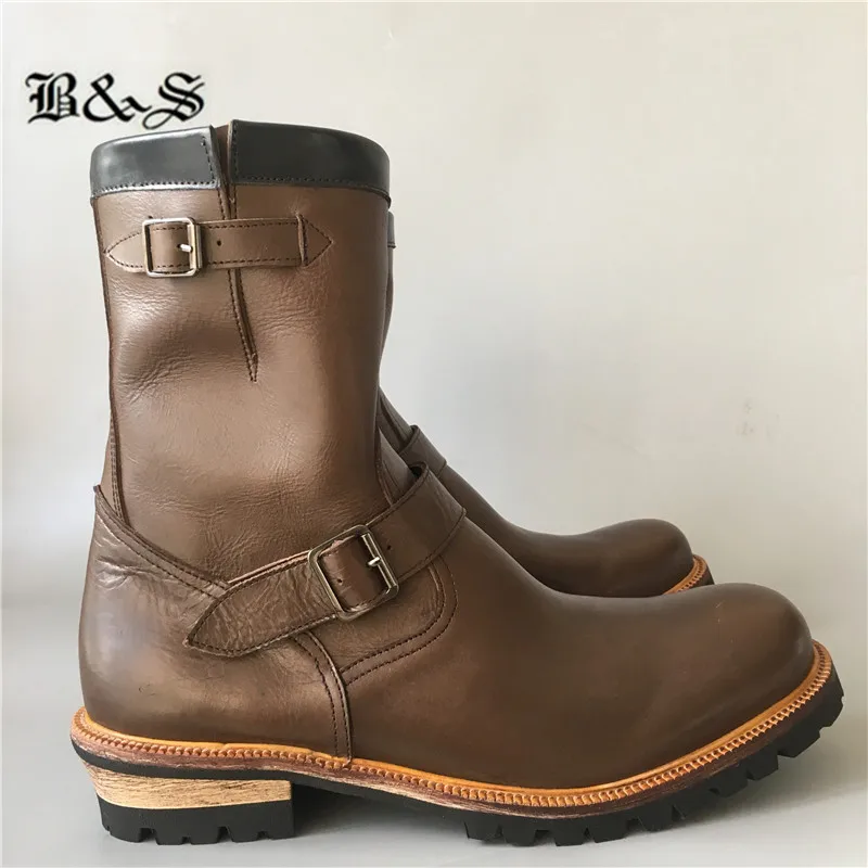 

Black& Street High Top quality handmade vintage Motorcycle boots Goodyear buckle strap genuine leather military Chukka Boots