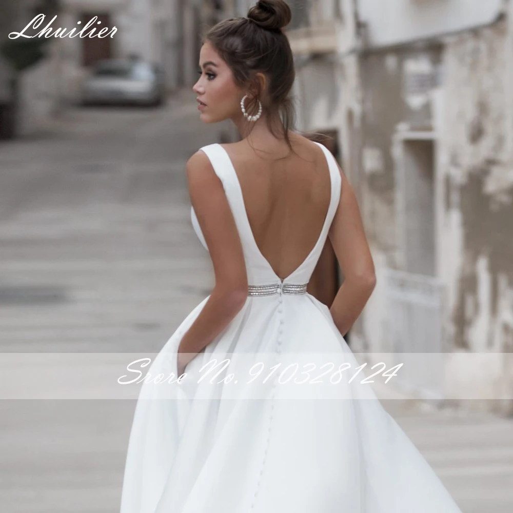 Lhuilier personnalisé une ligne col en V robes de mariée en Satin sans manches longueur de plancher dos nu robes de mariée avec ceinture de perles