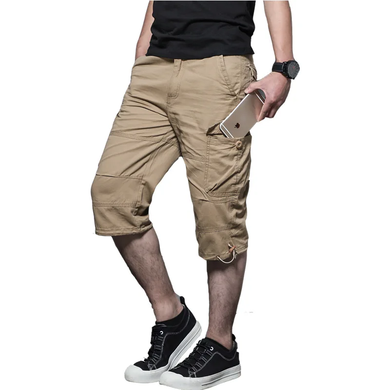 Summer Long Length Cargo Shorts Men Knee Multi Pocket Casual Cotton Elastic Waist Bermudas Male Military Style Hot Breeches