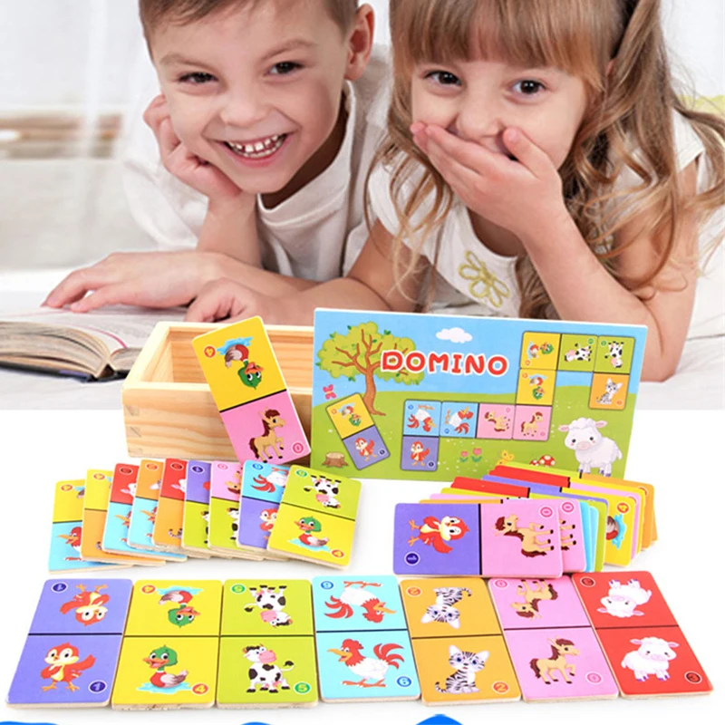 Montessori Kayu Domino Blok Bangunan Set Mainan Pendidikan Awal Anak-anak Kognitif Hewan Solitaire Domino Teka-teki Mainan Anak-anak