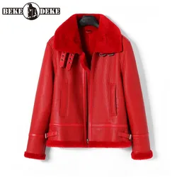 Chaquetas de piel auténtica de oveja de lujo para mujer, abrigo de motociclista de cuero genuino de manga larga grueso y cálido para otoño e invierno, prendas de vestir rojas elegantes