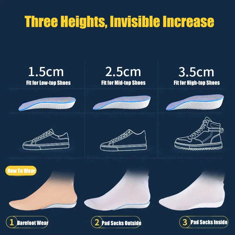 Memory Foam Height Increase Insoles for Women\'s Shoes Men Sneakers Orthopedic Insoles for Flat Feet Arch Support Lift Shoe Pads