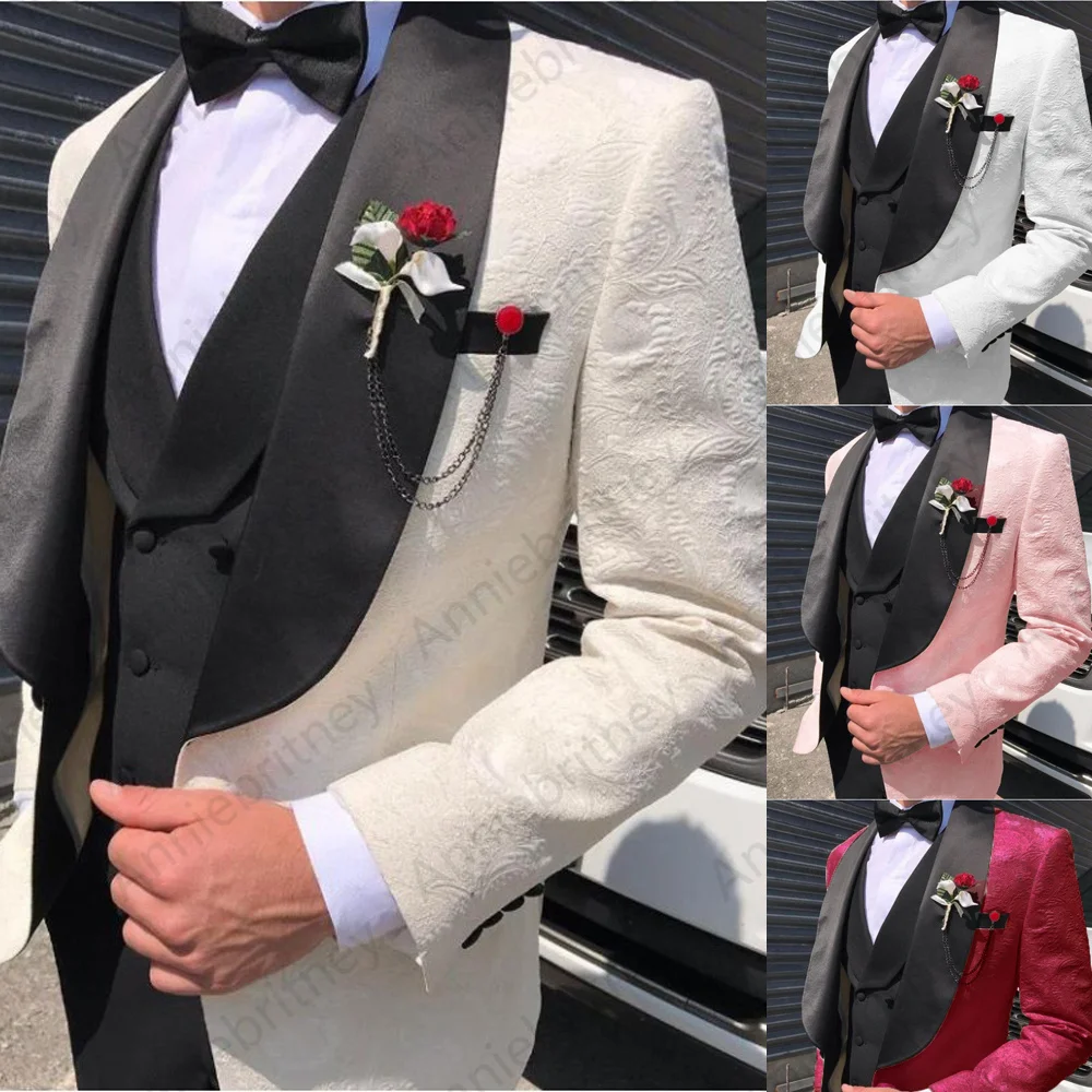 Mais recente casaco calças para o noivo de casamento luxo branco jacquard terno dos homens traje feito 3 peça masculino terno feito sob medida mais tamanho