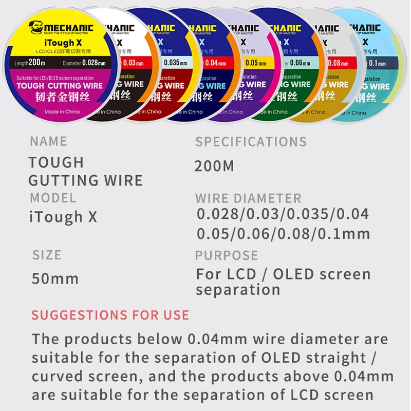 MECHANIC Cutting Wire 0.028/0.03/0.035/0.04/0.05/0.06/0.08/0.1mm Diamond Line for Mobile Phone LCD Screen Separator Repair Tools