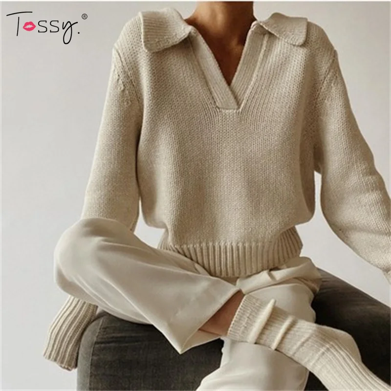 Tossy Women's Long Sleeves V-neck Knitted Sweater Loose Casual Fashion Pullover Autumn Winter Sweatshirts Female Jumper 2021