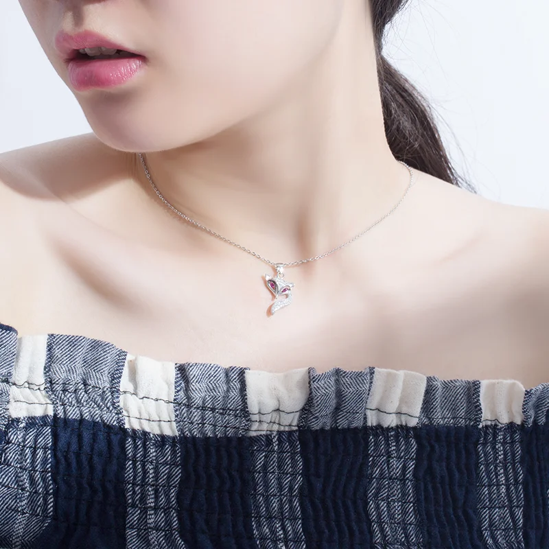 Fox Pendant Necklace Purple Crystal Eyes 925 Sterling Silver Cubic Zirconia Fashion Bridal Wedding Jewelry Women Accessories New