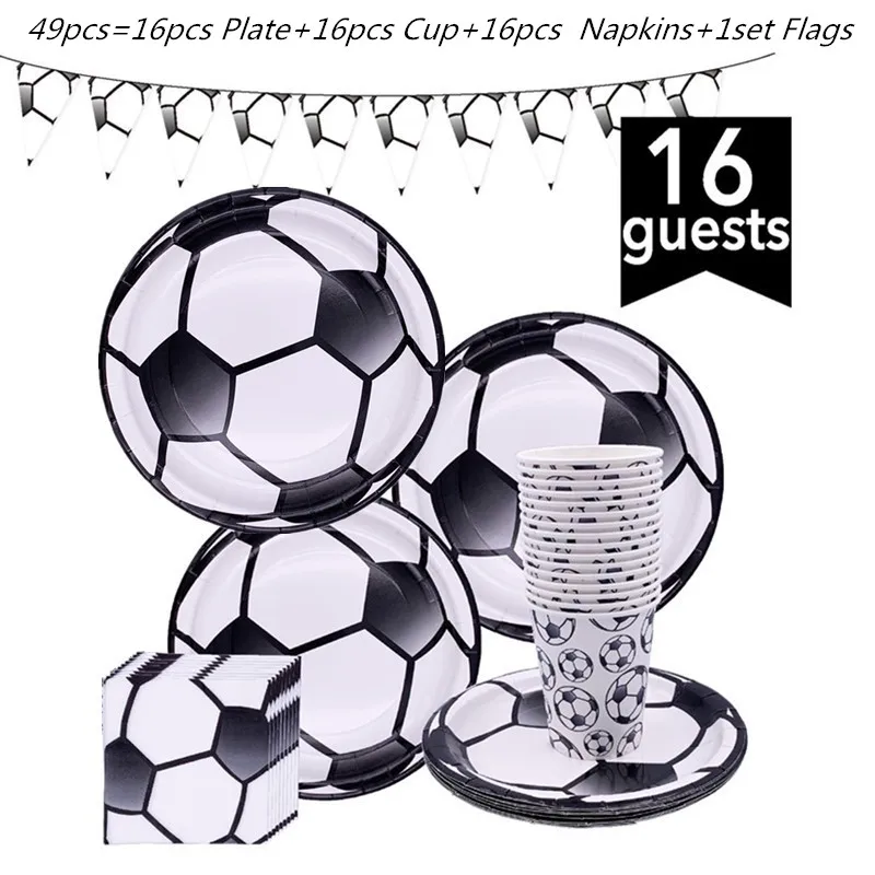 Soccer Football Theme Decoration Birthday Disposable Party Tableware Set Paper Plates Cups Candy Bag Box Kids Boys Baby Shower