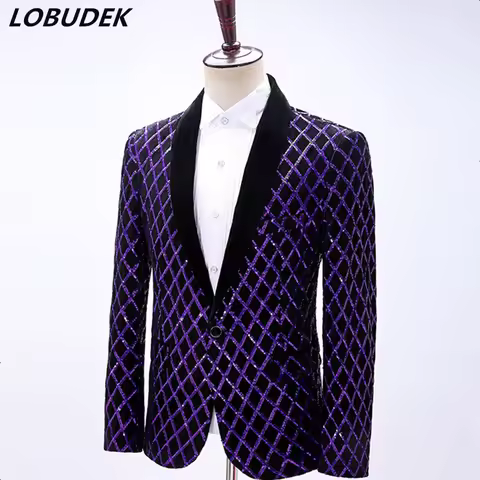Men's Fashion Stage Blazer Purple Sequins Plaid Velvet Slim Suit Jacket Evening Party Prom Singer Host Performance Coat Costume