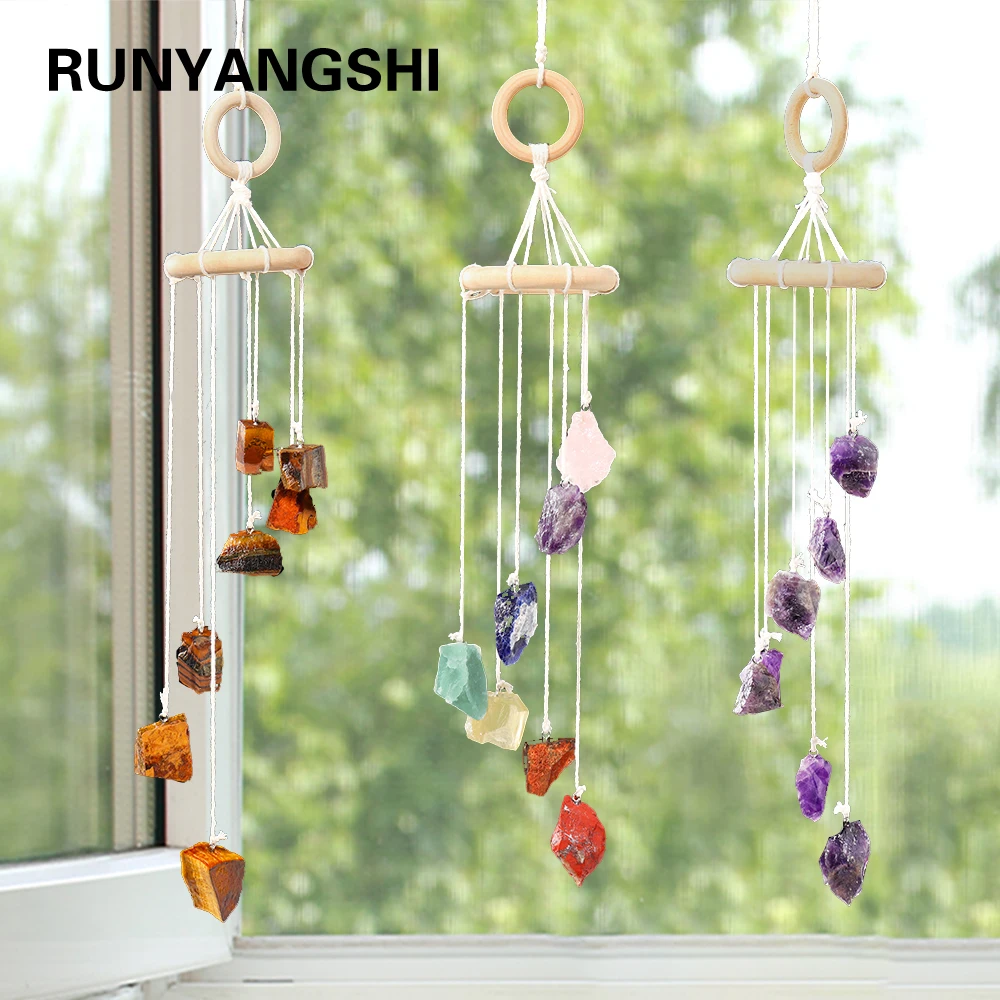 Runyangshi Natural Crystal Stone Wind Chime Rough Raw Quartz Hanging Pendant Window Ornament Healing Home Decoration