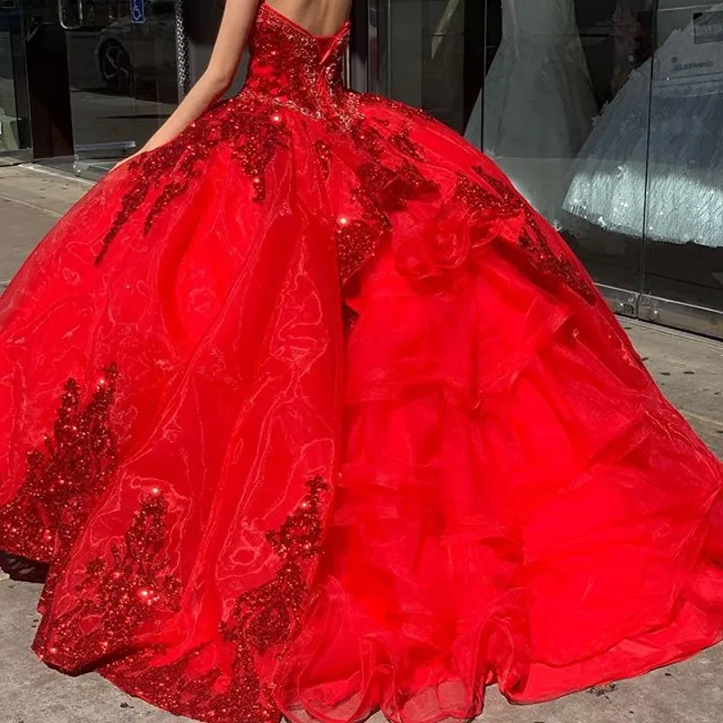 Vestido Organza Quinceanera vermelho, Applique de lantejoulas, querida frisada, Doce 16 vestido, Vestido de aniversário Mexicana, Fotos Reais, 2024