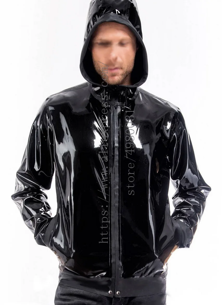 Cool front zipper decorations men's  black latex hoodie coat made of 0.4mm thickness natural latex materials