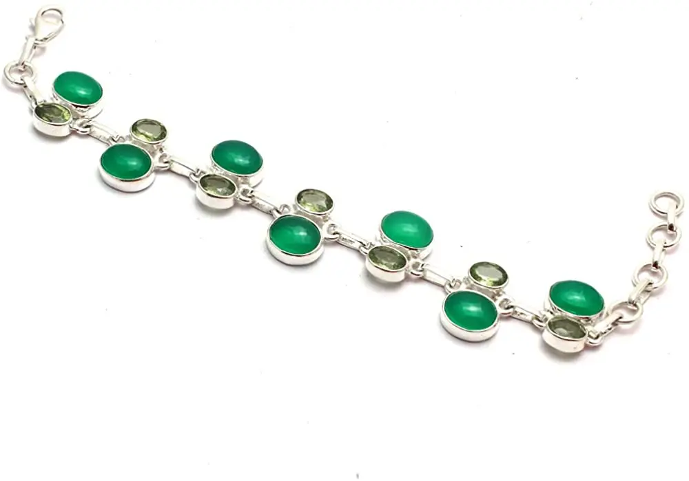 Genuine Green Onyx + Peridot Bracelet 925 Sterling Silver, 18.2 cm, GRPB0471