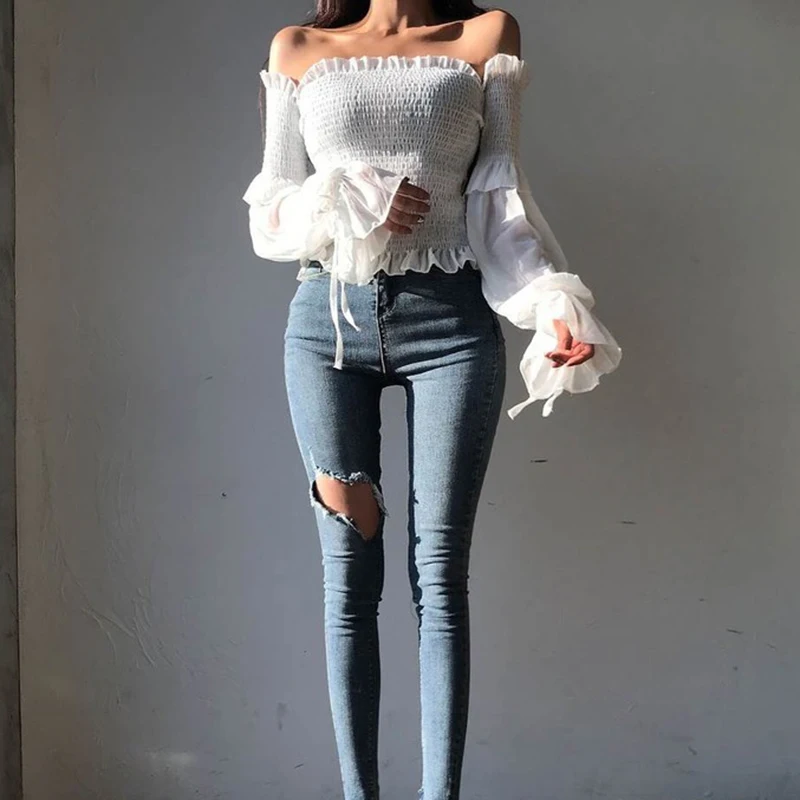 Sexy Off Shoulder Summer Blouse Women Spring Puff Sleeve Pleated Lace Up Casual Shirt Slim Solid Ladies Corset Tops Blouse 12813