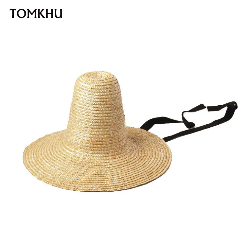 New Elegant Women Straw Hat Vintage Pointed High Wide Brim Sun Hat Casual Natural Wheat Straw Fedoras Ladies Fashion Catwalk Hat