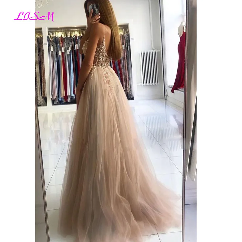 2021 Champagne V-Neck Beaded Long Prom Dresses Elegant Backless Tulle Evening Dress Sexy Side Split Formal Party Gowns