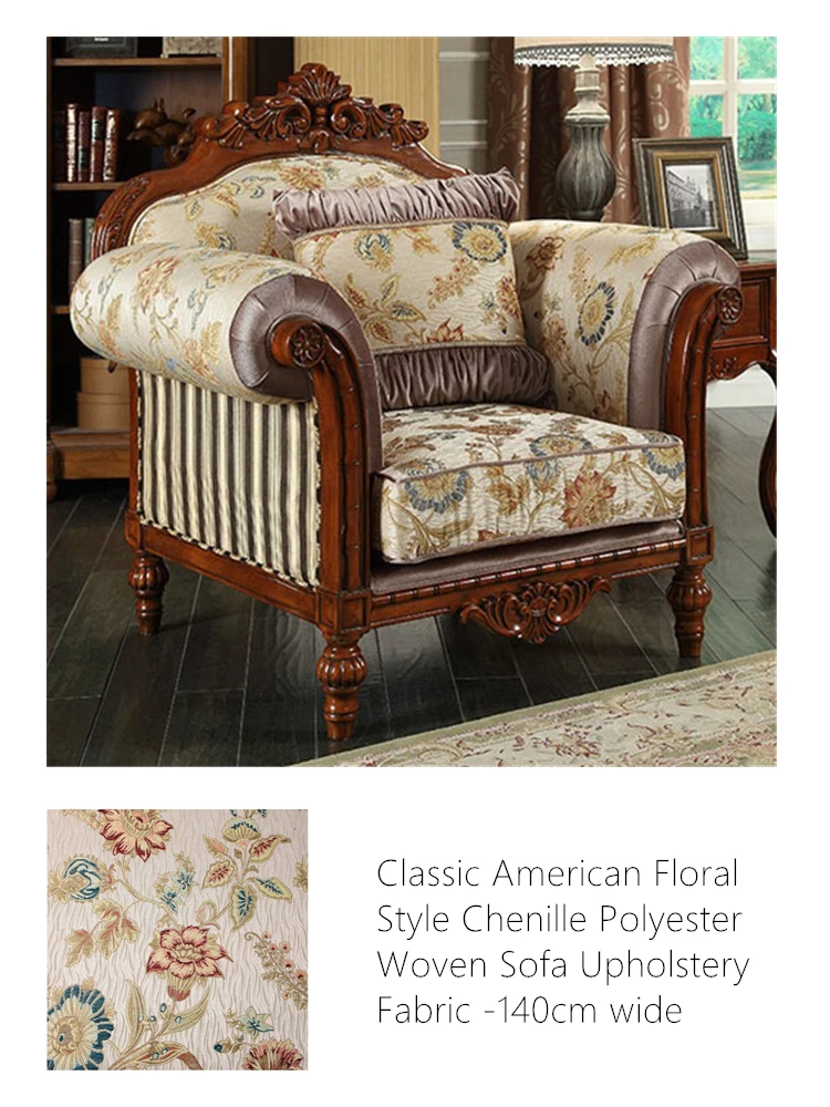 Klassischer amerikanischer Blumenmuster-Chenille-Polyester-Gewebebezug für Sofas, antikes Design, Polsterstoff für Sessel, 140 cm Breite, Verkauf nach Meter. – Detail 3