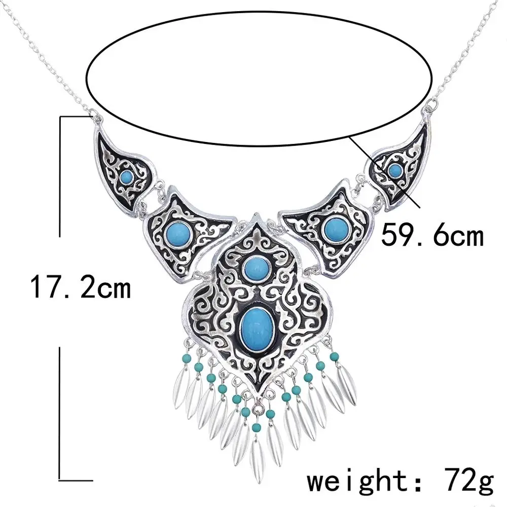 Bohemian Vintage Blue Acrylic Stone Beads Tassel Choker Necklace Earrings for Women India Gypsy Boho African Ethnic Jewelry Set