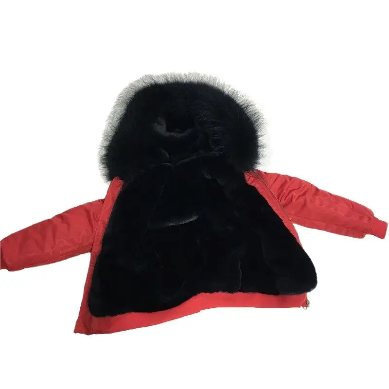 

Cool Red Baseball Jacket For Baby Girls Black Real Raccoon Fur Collar Hem Rubber Band Great Faux Fur Coat