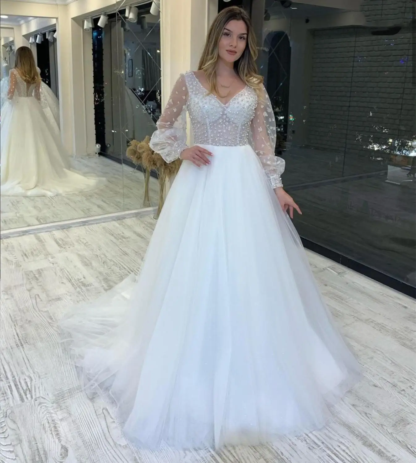 Vestido de casamento de manga comprida com decote em v tule organza andar comprimento varredura trem vestidos de noiva 3 d flores feito sob encomenda puff manga luxo