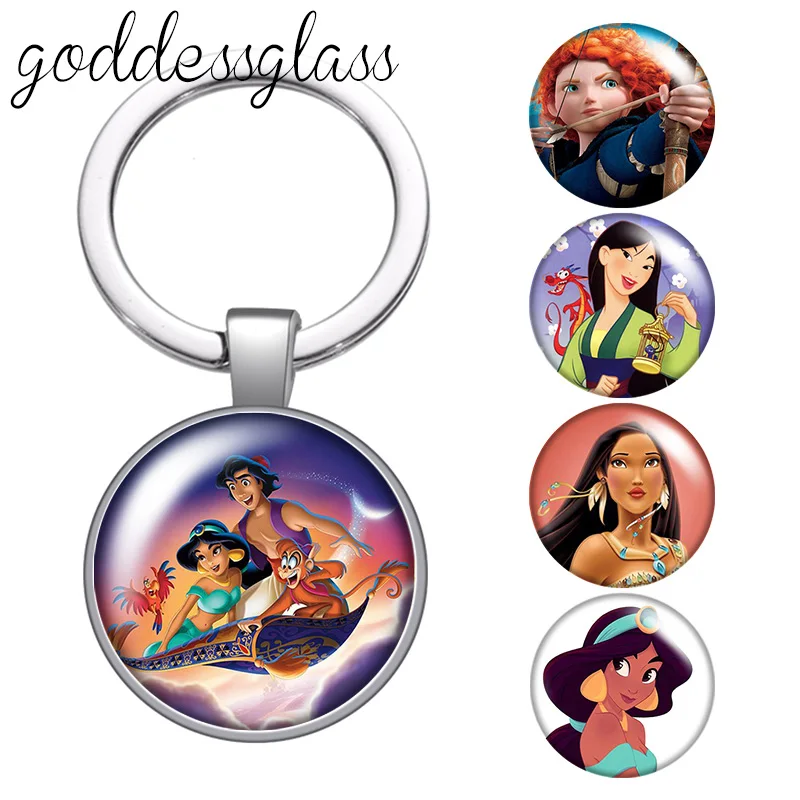 Princesses jasmine merida Mulan pochahontas glass cabochon keychain Bag Car key chain Ring Holder Charms keychains for Kids gift