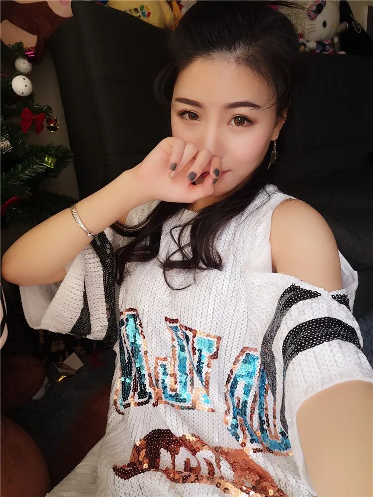 Summer New Style Tops Sequin Strapless Batwing Short Sleeve Loose Streetwear Fashion Round Neck Hip Hop T-Shirt For Women