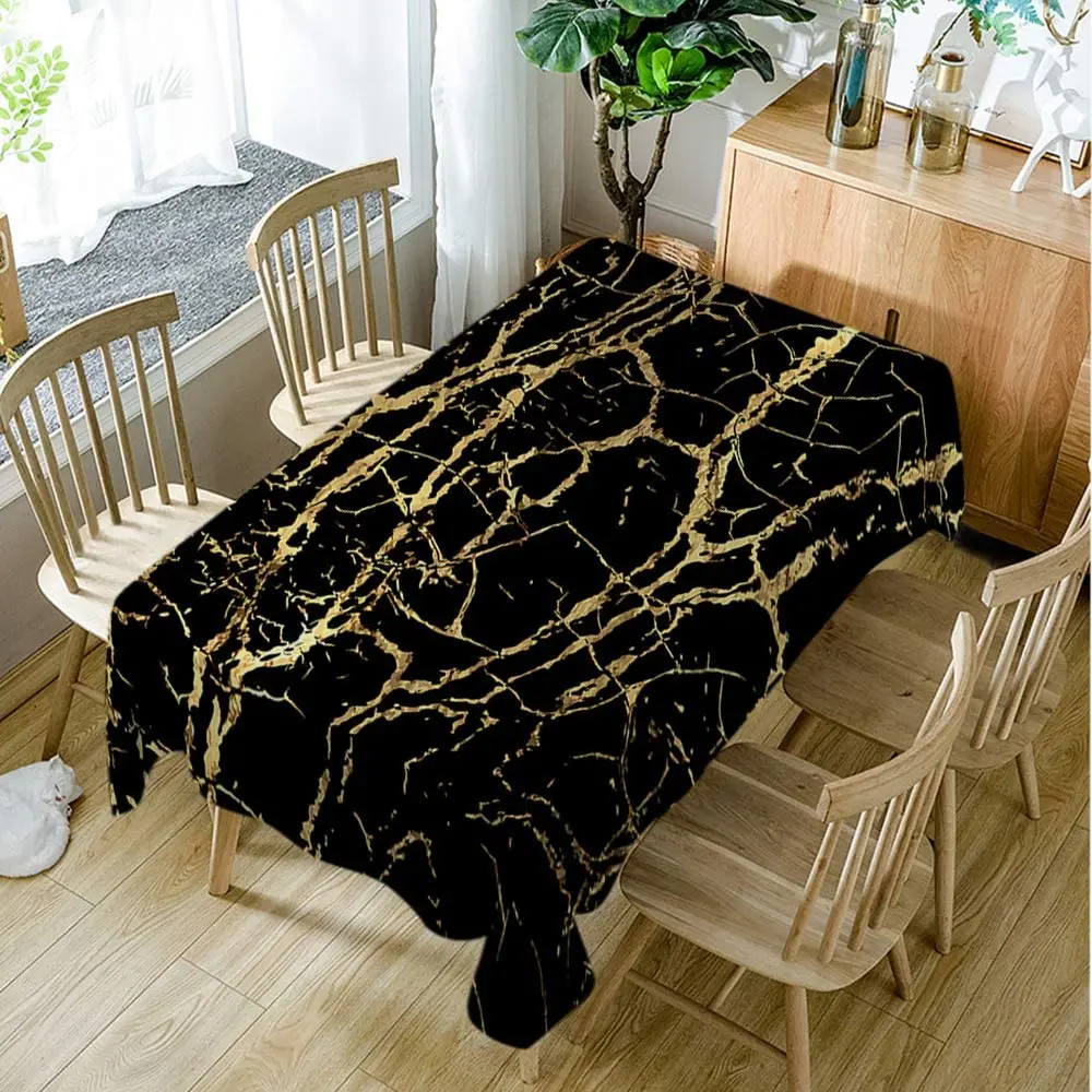 Tablecloth Abstract Art Marble Texture Modern Design Golden Black Color