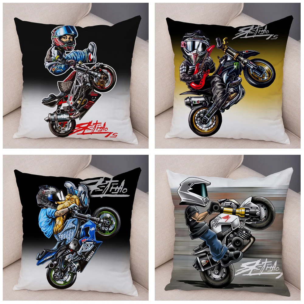 Cartoon Motorcycle Cushion Cover Decor Extreme Sports Pillowcase Soft Plush Mobile Bike Pillow Case for Sofa Home Children Room