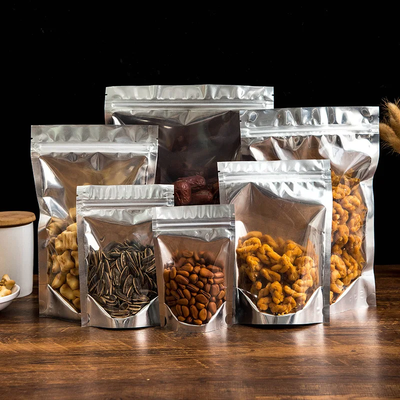 50 sztuk opakowania na żywność folia aluminiowa torba stojąca przechowywanie w domu herbata ziarna kawy dostarcza torby Ziplock z okienkiem z możliwością ponownego zamykania