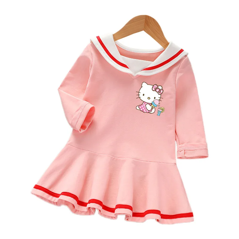 Hello Kitty New Children\'s Clothing Spring and Autumn Girl Cotton Long-sleeved Ruffle dress baby cute College Style girls skirt