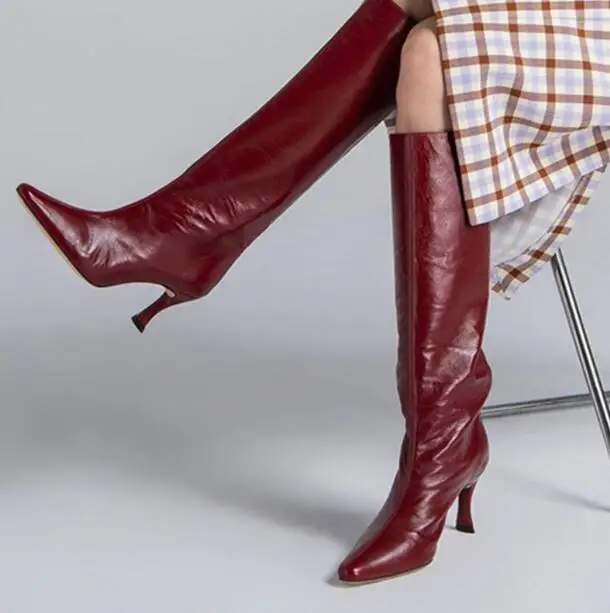 Fashion Woman Black Burgundy Brown Beige Green Khaki Leather Pointed Toe 8 CM Thin Heels Knee High Tube Long Boots Shoes Lady