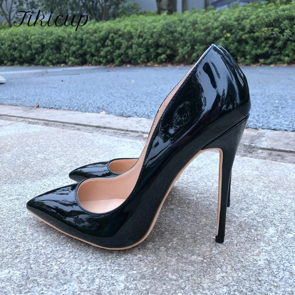 Tikicup Women Patent Pointed Toe Pumps Solid Black Comfortable Pointy Stilettos Ladies Slp On High Heels Formal Dress Shoes