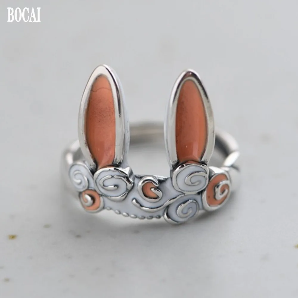 BOCAI New Real  S925 Silver Jewelry Fashion Dripping Oil Auspicious Clouds Rabbit Creative Woman Ring Drop Shipping