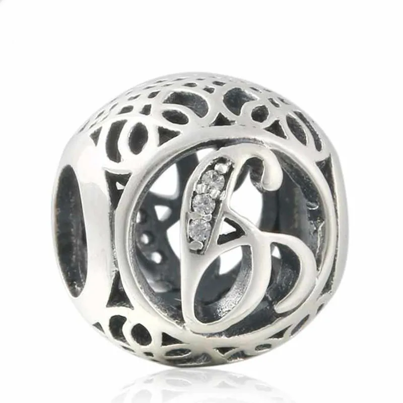 

Summer 925-Sterling-Silver Vintage Alphabet Cubic Zirconia Letter G Openwork Charms Beads Fits Pandora bracelets jewelry