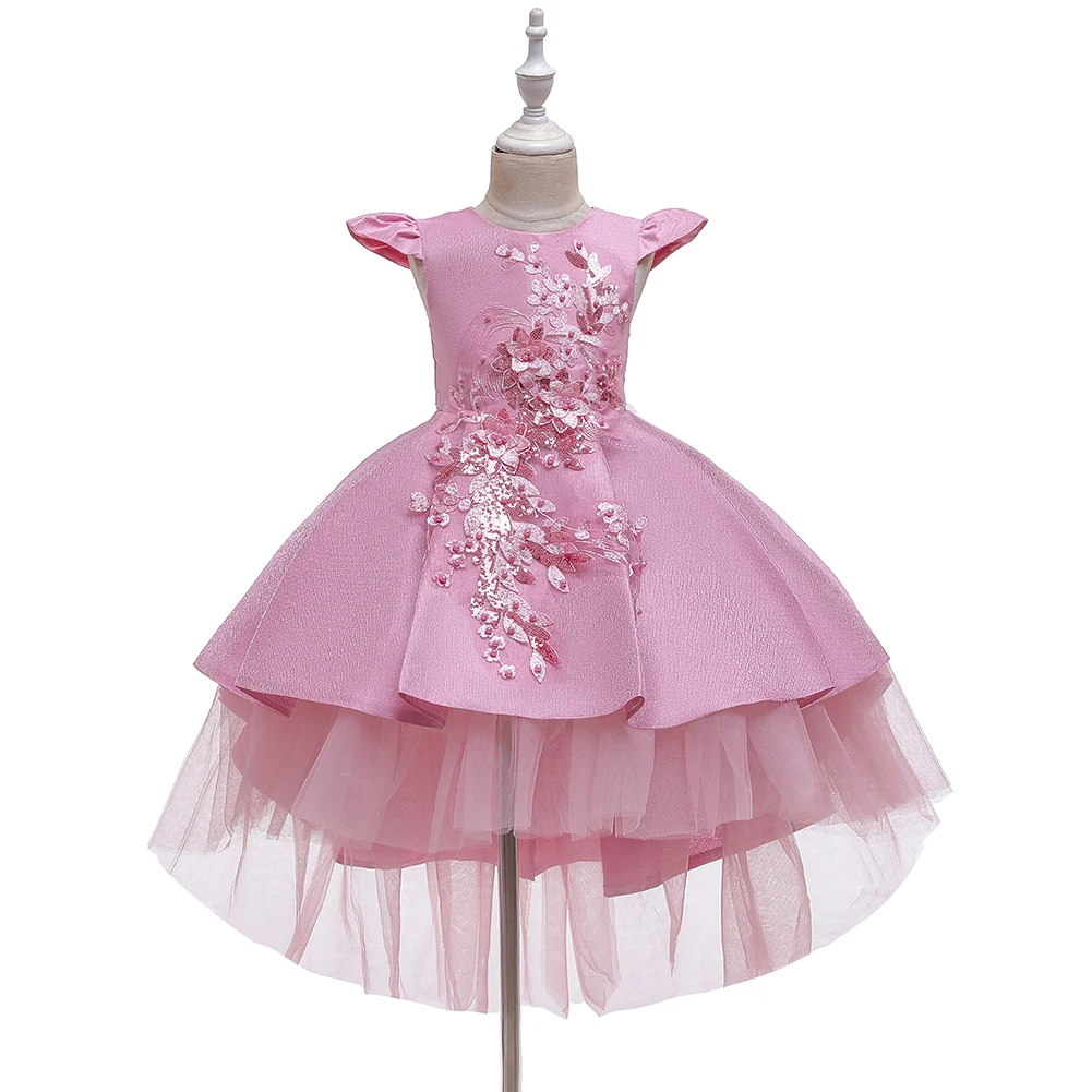 Estilo ocidental cauda menina vestido de casamento elegante tripulação pescoço bebê princesa vestido bordado criança frisado roupas para 10 anos criança