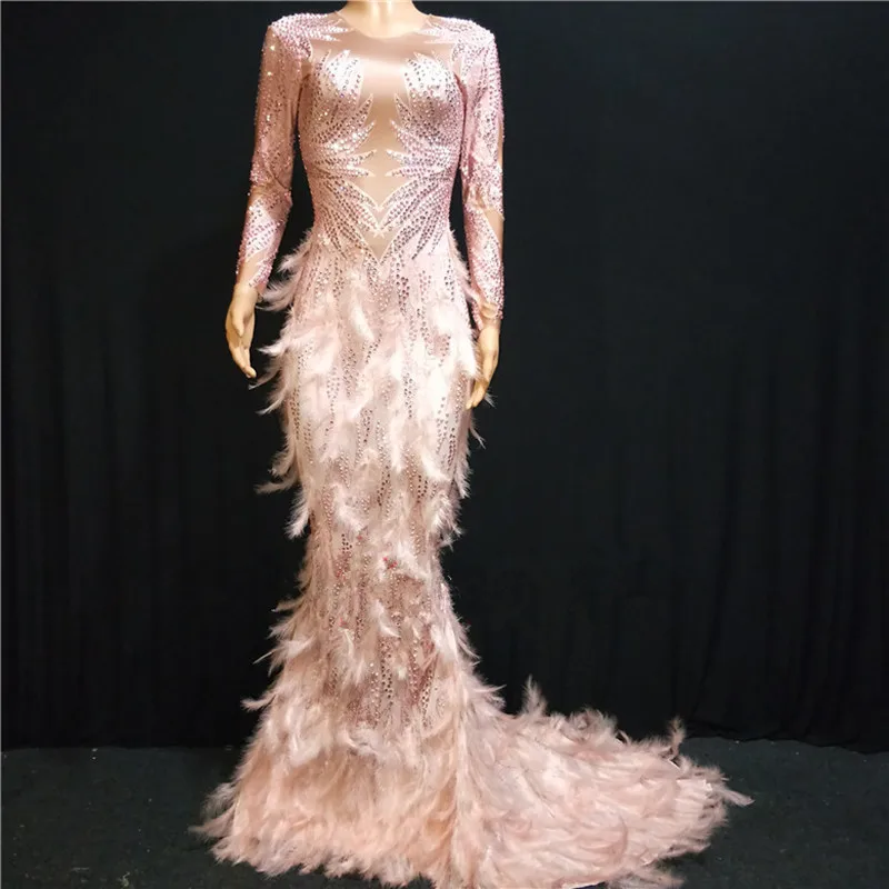 Sparkly Rhinestones Pink Feather Fishtail Dress Sexy Crystals Trailing Long Dress Women Costume Prom Birthday Celebrate Dresses