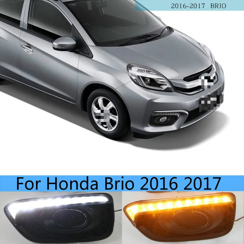 

2Pcs DRL For Honda Brio 2016 2017 Car 12V LED Daytime Running Light Fog Lamp cover daylight ABS with Yellow turn signal