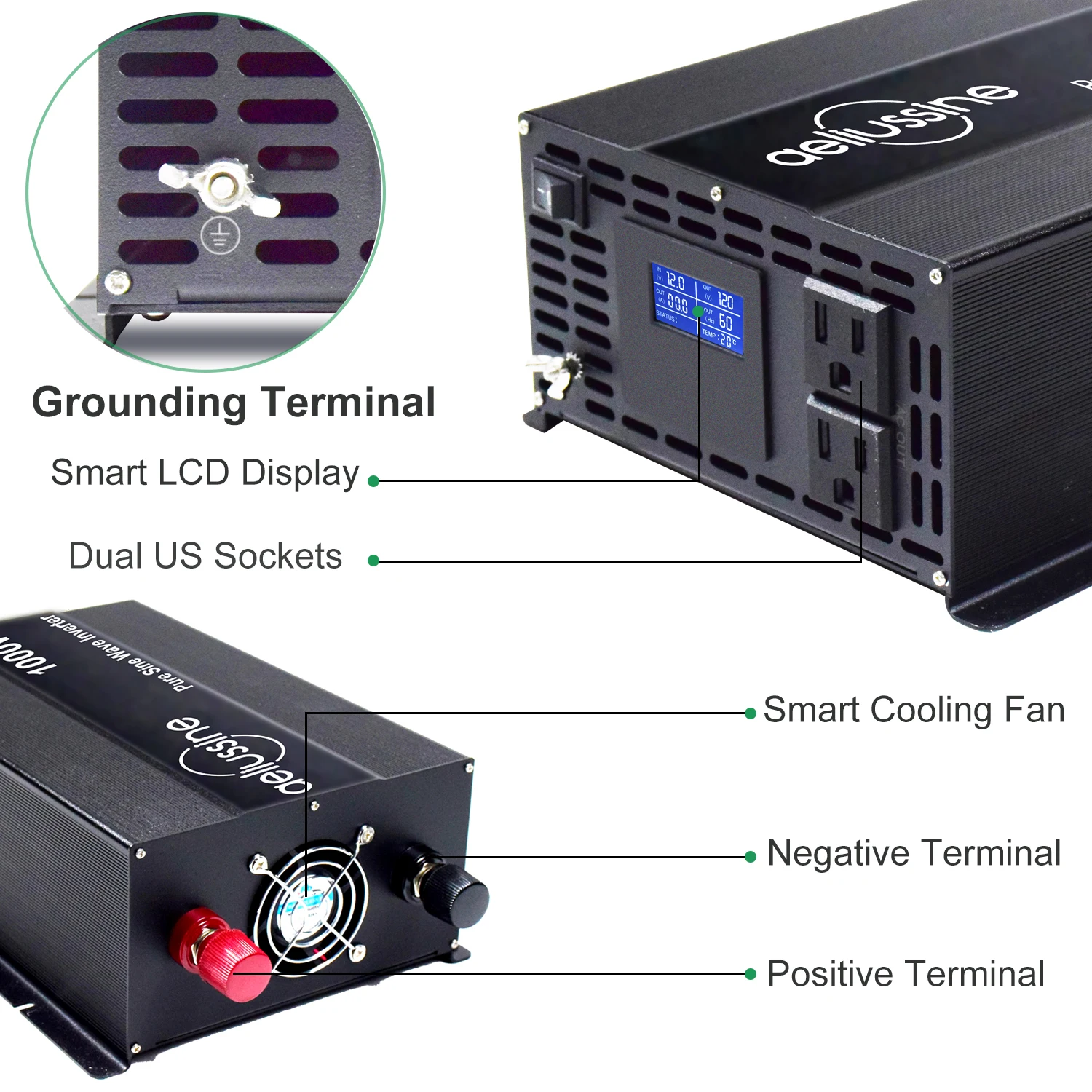 2000W Peak Pure Sine Wave Solar Inverter Power 1000W 12V/24V/36V/48V DC to 120V/220V/230V/240V AC Voltage Converter LCD Display