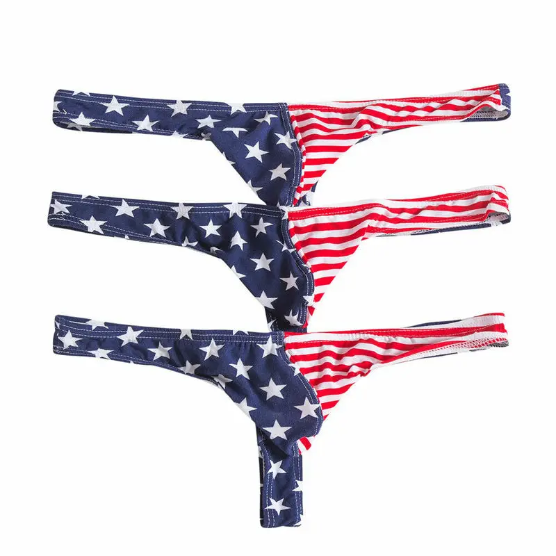 3 Piece Sexy Mens Briefs Jockstrap Slips Hombre Underwear American Flag Stripe Printed Thong G-String Gay Panties Boxershorts