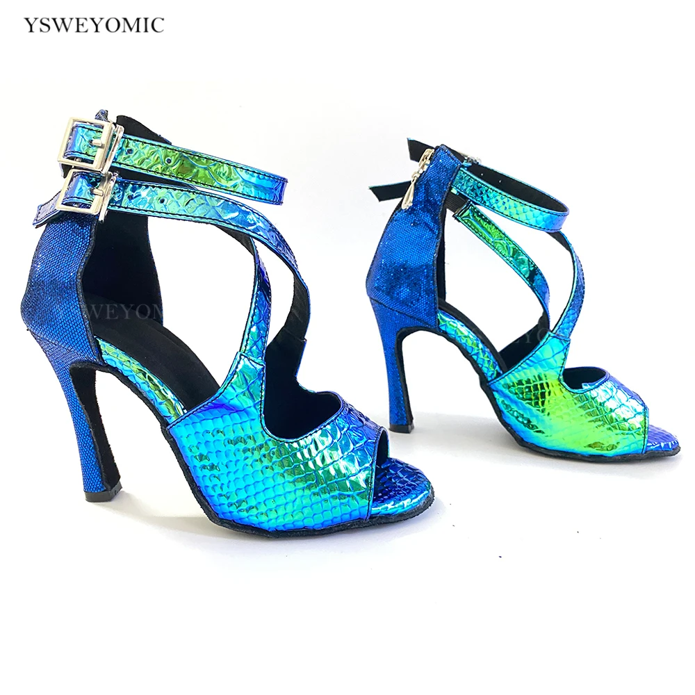 YSWEYOMIC Latin Salsa Dance Shoes 10cm Cuban Heel Blue Laser PU and Glitter Blue Latin Women Salsa Shoes Party Dance Shoes