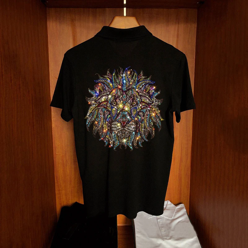 

New Harajuku Short Sleeve Polo Cartoon Lion Shiny Hot Diamond Summer Men's T-Shirt Male Sweatshirt Cotton Oversized