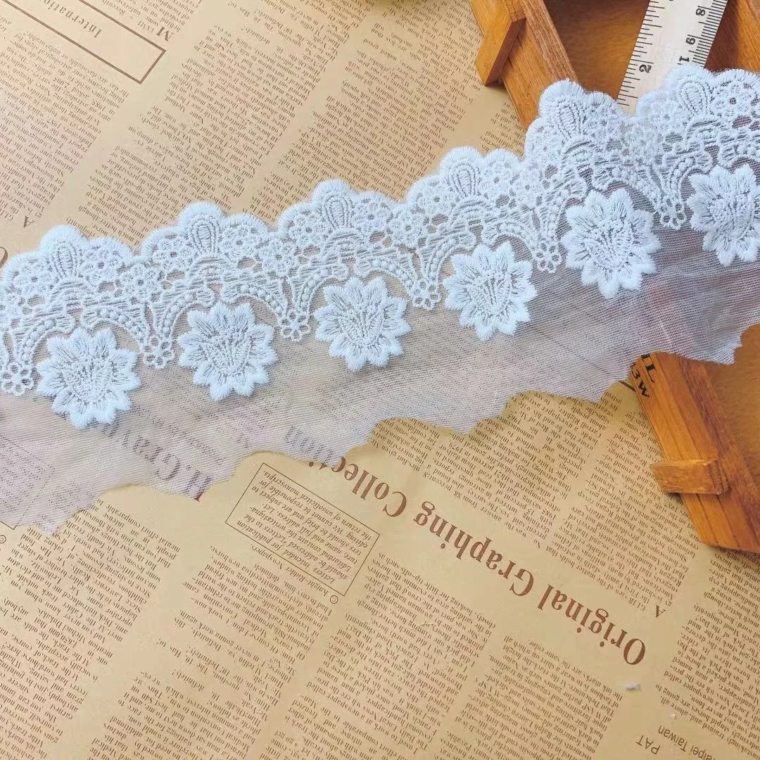 9.5CM Wide Luxury White Mesh Cotton Embroidered Flowers Ribbon Lace Fabric Handmade DIY Materials Wedding Dress Veil Accessories