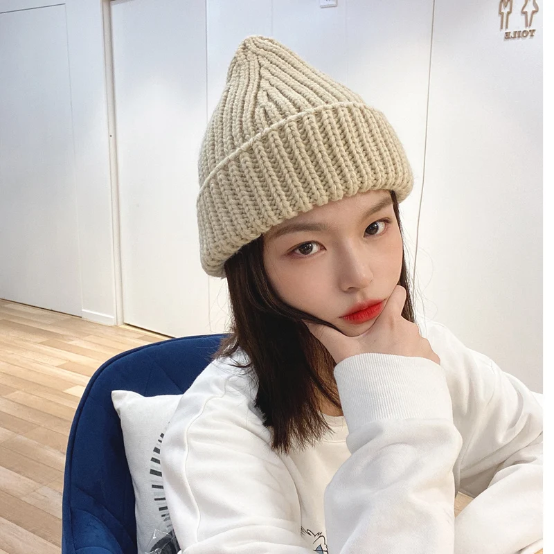 

H3574 Women Beanie Knitted Hat Autumn Winter Korean Thick Warm Cute Japanese Skullies Cap Female Solid Color Casual Student Hats