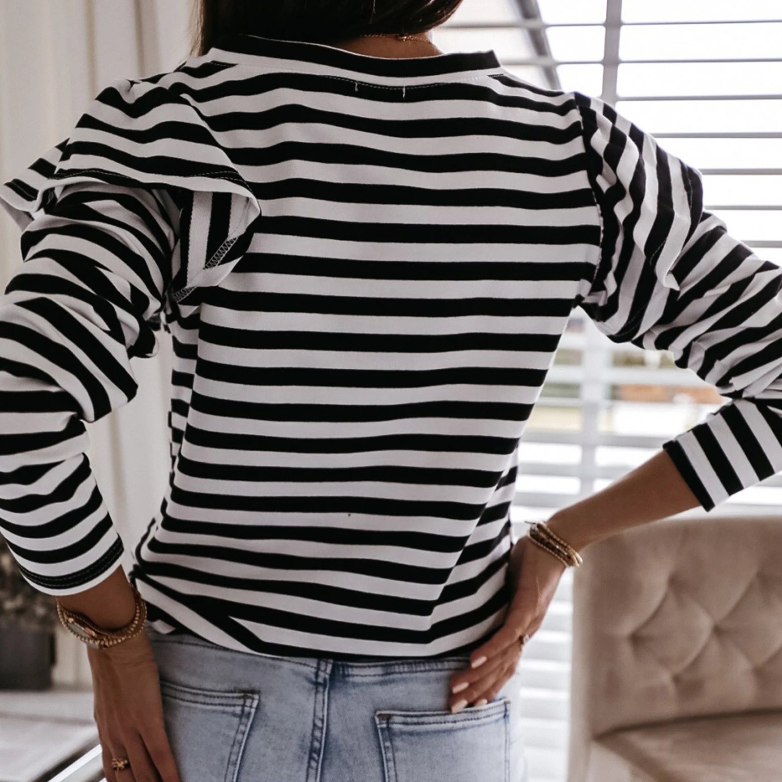 Striped T shirt for Women Autumn Long Sleeve Tshirt Pullovers Women Casual Ruffled O Neck Tshirts Jumpers Top femme t-shirts