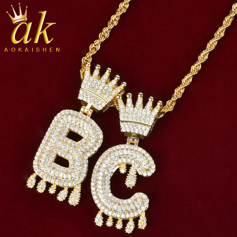 Crown Drip Initials Bubble Letters Chain Pendant  Necklaces With Rope Chain For Women Gold Color Cubic Zircon Hip Hop Jewelry