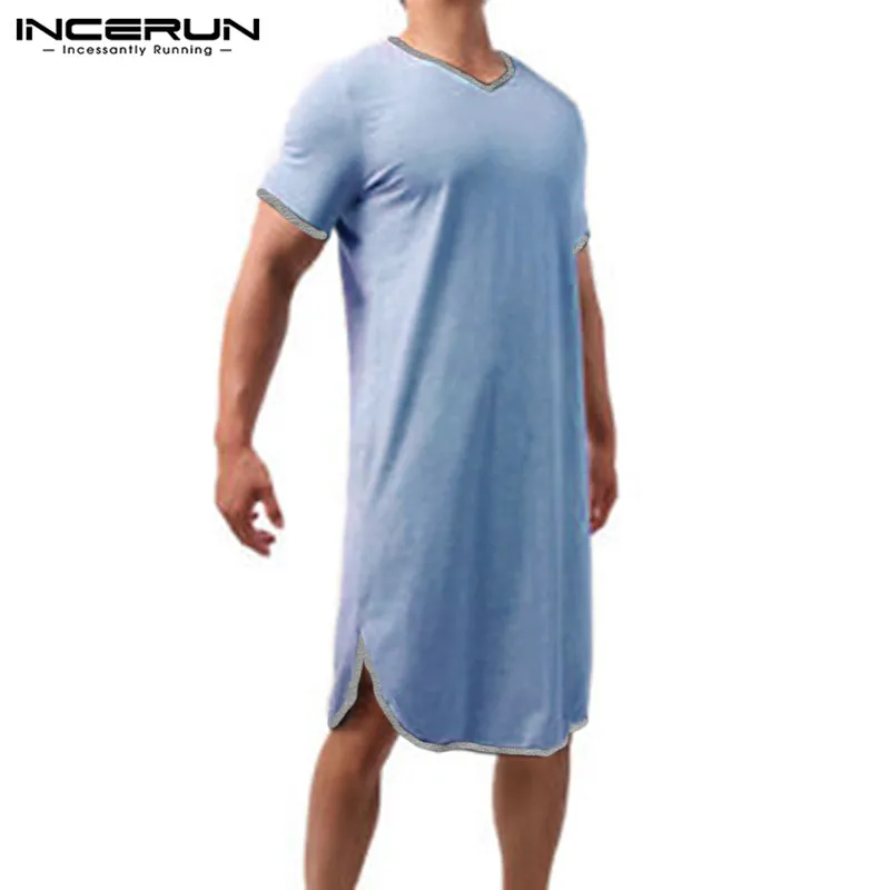 INCERUN-Peignoirs d\'été à manches courtes et col en V pour hommes, robes de nuit patchwork, zones bre adt, confortables, décontractés, chemise de